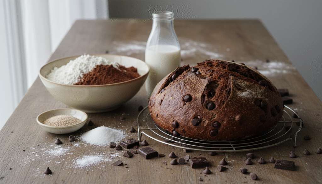 Italian chocolate bread ingredients flour, yeast, cocoa powder, sugar, and milk for a balanced flavor. Dark chocolate chips or chunks are commonly added for texture.