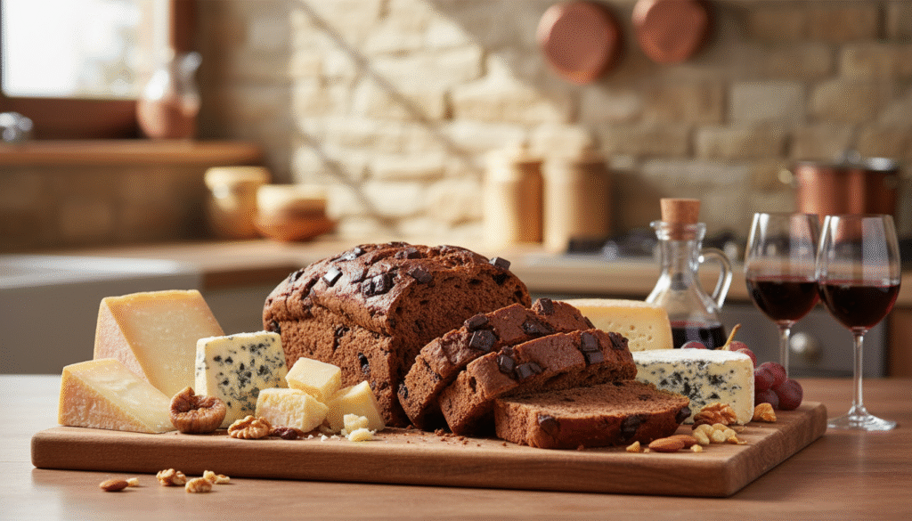 Italian chocolate bread authentic pane al cioccolato recipe paired with cheese and nuts and wine